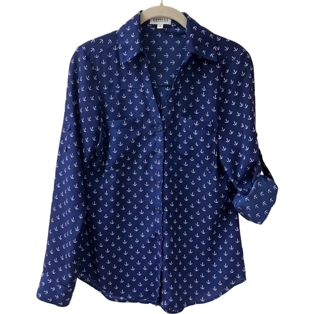 Nautical Coastal Old Money Yacht Club Travel Preppy Anchor Print Blouse XS Navy